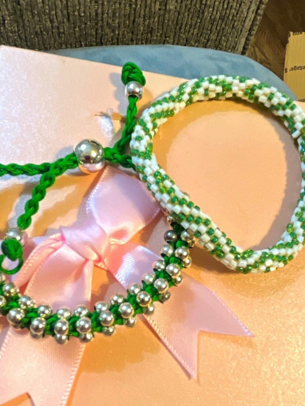 Lot of 2 Green & White Beaded Bracelets, Bangle & Adjustable Cord, No Stone